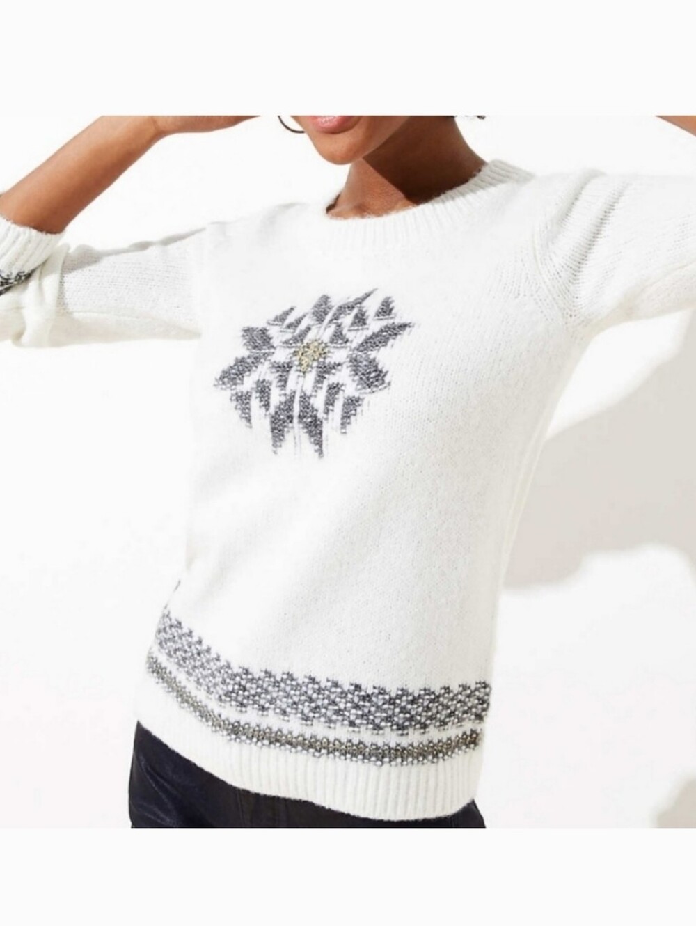 LOFT NWT Cream Crewneck Sweater with Gray Fair Isle Motif Wool Blend Size XS